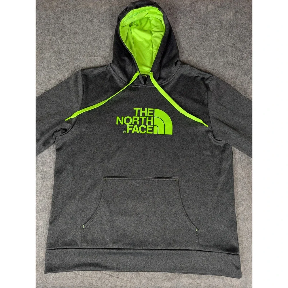 The North Face Mens Pullover Hoodie Charcoal Heather Neon Green Logo XL NF0A3528